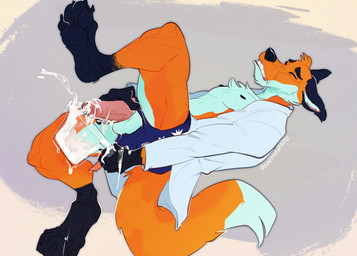 anthro balls blue_body blue_fur bodily_fluids boxer_briefs boxers_(clothing) clenched_teeth clothing coat cum cum_collecting cum_on_penis cumshot ejaculation eyes_closed foreskin fur genital_fluids genitals grey_background holding_jug humanoid_genitalia humanoid_penis jug lab_coat male male_anthro milking_cum milking_self multicolored_body multicolored_fur nipples orange_body orange_fur paws penile penis penis_milking simple_background solo tail tan_background teeth topwear underwear emufur orithan canid canine fox mammal