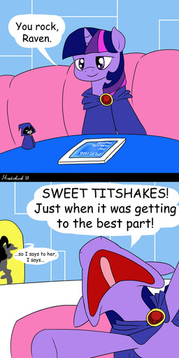 ambiguous_gender cape clothing feral group hair horn multicolored_hair open_mouth pink_hair purple_eyes purple_hair smile tablet_computer text tongue toy trio two_tone_hair strebiskunk apple_inc. cartoon_network dc_comics hasbro ipad my_little_pony mythology teen_titans teen_titans_(television_series) teen_titans_go! raven_(dc) equid equine mammal mythological_creature mythological_equine unicorn 1:2 2013 crossover english_text hi_res