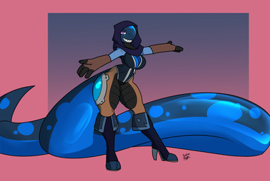 anthro armwear big_breasts big_tail biped blue_body bodysuit boots breasts cleavage clothed clothing elbow_gloves evil_grin female footwear gloves handwear headscarf high_heeled_boots high_heels huge_tail hyper hyper_tail knee_boots knee_highs legwear looking_at_viewer markings pose purple_eyes sharp_teeth shoes skinsuit small_waist smile solo spots spotted_body tail teeth thick_thighs tight_clothing wide_hips rubbermage astrid_(rubbermage) amphibian salamander hi_res