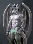 abs anthro biceps briefs bulge claws clothed clothing clothing_pull deltoids ears_up fangs fist gradient_background grey_sclera hair horn looking_at_viewer male membrane_(anatomy) membranous_wings muscular navel nipples obliques pecs quads simple_background slim solo speedo standing swimwear tail teeth topless triceps underwear underwear_only underwear_pull v-cut wings bleakcat european_mythology mythology dragon mythological_creature mythological_scalie reptile scalie western_dragon hi_res