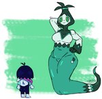 breasts butt duo female green_eyes hand_behind_head larger_female legless long_sleeves male not_furry presenting size_difference smaller_male smile little_hareboy deltarune undertale_(series) kris_(deltarune) human humanoid mammal rudinn