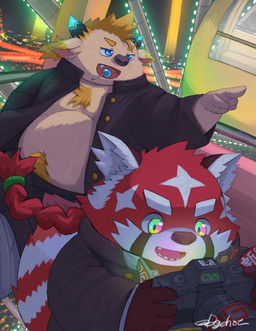 amusement_ride anthro belly blonde_hair body_hair braided_hair braided_ponytail camera date duo ferris_wheel fur hair happy_trail male male/male overweight ponytail red_body red_fur white_body white_fur young young_male dagehot lifewonders tokyo_afterschool_summoners babe_bunyan_(tas) zhurong_(tas) ailurid bovid bovine cattle mammal red_panda absurd_res hi_res