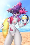 3_fingers areola ball beach beach_ball breasts circe_the_pokegirl clitoral_hood clitoris clothing detail female fingers front_view gardevoir generation_3_pokemon generation_4_pokemon genitals gyuumu hair hat headgear headwear hybrid inflatable mismagius mostly_nude multicolored_hair nintendo nipples not_furry pokemon pokemon_(species) pussy red_eyes sand sea seaside solo standing water wave