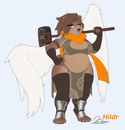 anthro armor belly bottomwear bra brown_body brown_fur brown_hair claws clothing female fur hair hammer hand_on_hip loincloth looking_at_viewer orange_eyes scarf slightly_chubby smile solo standing tools underwear weapon wide_hipped_female wide_hips wings fuzzikayu european_mythology mythology norse_mythology hildr_(fuzzikayu) bear brown_bear mammal ursine valkyrie absurd_res hi_res