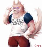 anthro arm_markings ball blue_eyes bottomwear clothed clothing ears_up eyewear fully_clothed fur goggles holding_ball holding_object male markings mascot one_eye_closed russia russian shirt shorts simple_background soccer soccer_ball solo sport t-shirt tan_body tan_fur text text_on_clothing text_on_shirt text_on_topwear topwear white_markings wink world_cup fd-caro fifa zabivaka arctic_wolf canid canine canis mammal wolf digital_media_(artwork) english_text hi_res shaded