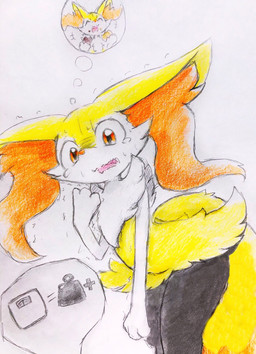 ^o^ ambiguous_anthro ambiguous_gender anthro biped bodily_fluids ears_down eating eating_food emanata flat_chested leaning leaning_forward looking_down open_mouth pivoted_ears poke_puff shaking simple_background snout solo standing sweat sweatdrop tears thought_bubble tongue trembling wavy_mouth weighing_scale eiroru nintendo pokemon braixen canid generation_6_pokemon mammal pokemon_(species) 2018 colored_pencil_(artwork) graphite_(artwork) hi_res japanese_description portrait three-quarter_portrait traditional_media_(artwork) translated_description
