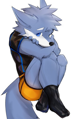 anthro biceps blue_body blue_eyes blue_fur clothing curled_up fetal_pose footwear fur hair looking_at_viewer male multicolored_body multicolored_fur muscular muscular_male shirt simple_background socks solo topwear two_tone_body two_tone_fur underwear white_background asleepchef yakumo_(asleepchef) canid canine canis domestic_dog hybrid mammal wolf absurd_res hi_res