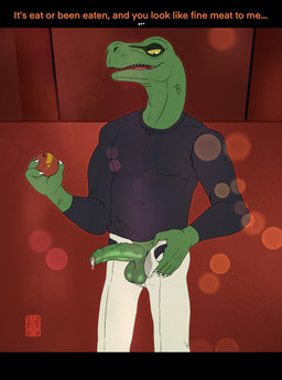 apple balls belt bodily_fluids bottomwear bouncer claws clothed clothing erection food foreskin fruit genital_fluids genitals glans green_balls green_body green_penis holding_object humanoid_genitalia humanoid_penis long_neck looking_at_viewer male no_underwear open_belt open_bottomwear open_clothing open_pants pants penis pink_glans plant precum scales simple_background solo standing text tongue yellow_eyes garo_(artist) techno_banter huge_doorman_(techno_banter) dinosaur prehistoric_species reptile scalie 2025 absurd_res colored digital_drawing_(artwork) digital_media_(artwork) english_text hi_res signature
