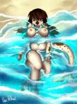 anthro biped breasts female looking_at_viewer lying navel nude outside partially_submerged pouting sea slightly_chubby solo water kaeaskavi mammal marine pinniped seal hi_res