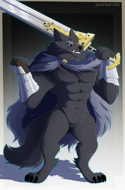 abs anthro biped black_body black_fur black_sclera blue_eyes cloak cloak_only clothing digitigrade eyebrows featureless_crotch fur glistening glistening_eyes male melee_weapon mostly_nude muscular muscular_anthro muscular_male pecs pose scar smile solo standing sword teeth weapon leo-wolf elden_ring fromsoftware blaidd_(elden_ring) canid canine canis mammal wolf 2022 absurd_res digital_media_(artwork) hi_res