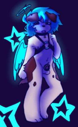 anthro chastity_cage chastity_device collar disgust genitals glowing glowing_body halo harness light_blush male mastectomy_scar scar smug solo tongue tongue_out top_scars unsupported_chastity_cage wings angelpsyche chip_(angelpsyche) bird_dog canid canine canis domestic_dog hunting_dog labrador mammal retriever absurd_res hi_res