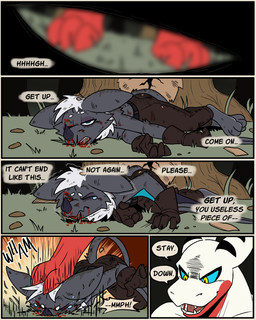 anthro blood blue_eyes bodily_fluids clothed clothing crying duo fur gloves grey_body grey_fur hair handwear lying male shaking shivering tears tears_of_desperation tears_of_pain text topless white_hair wounded 60percentscalie dovak vauruk bat mammal 4:5 comic english_text hi_res