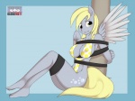 4:3 anthro anthrofied bdsm biped blonde_hair bondage bound breasts cutie_mark derp_eyes derpy_hooves_(mlp) digital_media_(artwork) equid equine feathered_wings feathers female friendship_is_magic grey_body grey_feathers hair hasbro kloudmutt legs_tied looking_at_viewer mammal my_little_pony mythological_creature mythological_equine mythology nipple_outline pegasus post sitting solo straps submissive submissive_female tied_down wing_boner wings yellow_eyes