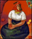 anthro apple apple_tree beak big_breasts breasts brown_beak brown_body brown_eyes clothed clothing dress female food fruit fruit_tree green_clothing green_dress hands_on_lap head_crest head_turned headdress headgear headwear leaf nails outside painting plant post-impressionism red_apple red_background red_clothing red_headwear short_sleeves simple_background sitting sitting_on_ground solo topwear tree white_clothing white_topwear dyna_soar dinosaur hadrosaurid ornithischian ornithopod parasaurolophus prehistoric_species reptile scalie saurian_(disambiguation) 2022 hi_res signature