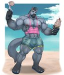 abs anthro beach bodily_fluids dessert food ice_cream looking_at_viewer male muscular muscular_anthro muscular_male nipple_piercing nipples pecs piercing seaside solo sweat flasker equid equine mammal hi_res