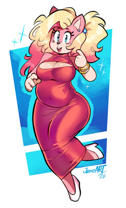 anthro belly blue_eyes breasts cleavage clothed clothing dress ear_piercing eyebrows eyelashes female footwear high_heels open_mouth open_smile piercing raised_eyebrows red_clothing red_dress shoes smile text white_clothing white_footwear white_high_heels jamoart 2026 artist_name full-length_portrait hi_res portrait signature