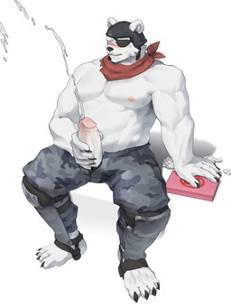 anthro armor blush bodily_fluids bottomwear camo camo_bottomwear camo_clothing camo_pants camo_print claws clothing cum cumshot ejaculation erection eye_patch eyes_closed eyewear feet genital_fluids genitals glans headgear helmet kerchief male masturbation neckerchief neckwear nipples pants pattern_bottomwear pattern_clothing pattern_pants penile penis scarf simple_background sitting solo toes unzipped unzipped_pants white_background zipper fox_banchan epic_games fortnite polar_patroller bear mammal polar_bear ursine 3:4 absurd_res hi_res