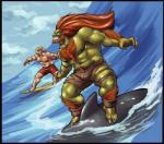 abs biceps blonde_hair body_hair chest_hair clothing duo green_body grin hair long_hair male muscular muscular_male nipples not_furry pecs riding sea smile stocky surfer surfing surprise swimwear teeth torn_clothing water wave captaingerbear capcom street_fighter blanka ken_masters cetacean dolphin human mammal marine monster oceanic_dolphin orca toothed_whale 2016