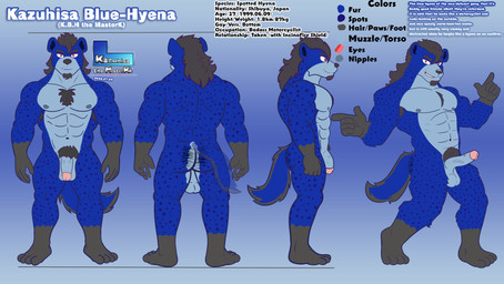 abs anthro beard black_hair blue_body blue_fur body_hair butt butt_hair chest_hair erection facial_hair front_view fur genitals hair looking_at_viewer male muscular muscular_anthro muscular_male pecs penis pubes rear_view red_eyes side_view solo text conditional_dnp kazuhisa_(artist) kemoteto_yakuza_project kazuhisa hyena mammal spotted_hyena 2026 absurd_res english_text hi_res model_sheet