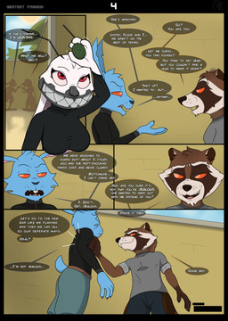 annoyed antennae_(anatomy) anthro black_clothing black_shirt black_topwear blue_body blue_bottomwear blue_clothing blue_fur bottomwear brown_body brown_fur buckteeth clothing cybernetics detailed_background dialogue duo female frown fur good_boy green_bottomwear green_clothing grey_clothing grey_shirt grey_topwear head_tuft impact_lines machine male male/female mask motion_lines multicolored_body multicolored_fur profanity red_eyes scut_tail shirt short_tail speech_bubble sun sweater tail teeth text topwear transition_effect tuft white_body white_fur silentbandit guardians_of_the_galaxy marvel blackjack_o'hare floor_(marvel) rocket_raccoon domestic_rabbit halfworlder lagomorph leporid lop_rabbit mammal oryctolagus procyonid rabbit raccoon absurd_res comic english_text hi_res