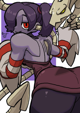 angry armwear bare_shoulders big_butt bone_hand breasts butt clothing detached_sleeves dress duo female feral hair hair_over_eye half-closed_eyes long_tail looking_at_viewer looking_back looking_back_at_viewer male narrowed_eyes pattern_clothing ponytail purple_body purple_clothing purple_dress purple_hair purple_skin rear_view red_eyes sewn_mouth sharp_teeth side_ponytail smile smiling_at_viewer stitch_(sewing) striped_clothing striped_sleeves stripes tail teeth tied_hair yellow_eyes bone_nigi skullgirls leviathan_(skullgirls) squigly humanoid parasite_(skullgirls) undead zombie 2025 dated digital_drawing_(artwork) digital_media_(artwork) hi_res watermark