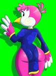 anthro asian_clothing beak blue_clothing blue_dress butt chinese_clothing chinese_dress clothed clothing dress east_asian_clothing feathers female green_background pink_body pink_feathers rear_view simple_background solo standing nojimmyplz animal_crossing nintendo midge_(animal_crossing) avian bird hi_res portrait three-quarter_portrait