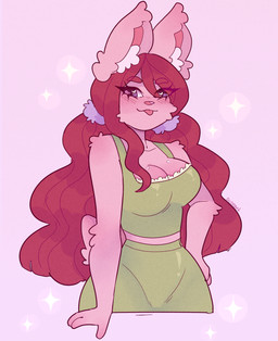 3_fingers anthro arm_tuft bangs bent_arm big_breasts blush blush_lines breasts cheek_tuft cleavage closed_smile clothed clothed_anthro clothed_female clothing dress elbow_tuft eye_through_hair eyebrow_through_hair eyebrows eyelashes eyelashes_through_hair facial_tuft female female_anthro fingers fluffy fluffy_ears fluffy_tail fur green_clothing green_dress hair hand_on_hip hand_on_own_hip heart_symbol inner_ear_fluff long_ears long_hair mouth_closed pigtails pink_background pink_body pink_fur pink_nose pink_tail pink_tongue purple_eyes purple_hair_tie red_eyebrows red_hair scut_tail short_tail simple_background smile solo sparkles standing straight_arm tail text tongue tongue_out translucent translucent_hair tuft wavy_hair white_inner_ear_fluff wide_hipped_anthro wide_hipped_female suzeart lollipop_bunny_(suzeart) lagomorph leporid mammal rabbit 2026 artist_name colored digital_drawing_(artwork) digital_media_(artwork) english_description half-length_portrait hi_res portrait shaded