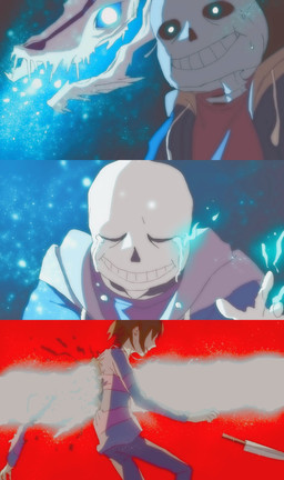 ambiguous_gender black_sclera blood bodily_fluids bone clothing crying duo hoodie knife skeleton tears topwear bani-chan undertale undertale_(series) frisk_(undertale) gaster_blaster sans_(undertale) animated_skeleton human mammal undead 2015 absurd_res comic hi_res