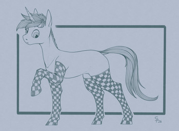 clothing feral footwear hair horn legwear male pattern_clothing pattern_legwear pattern_socks simple_background socks solo tail thigh_highs stray_prey hasbro my_little_pony mythology fan_character lucent_(oc) equid equine horse mammal mythological_creature mythological_equine pony unicorn 2026 digital_media_(artwork) hi_res