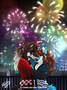 asian_clothing clothing duo east_asian_clothing fireworks fundoshi happi_(clothing) hug japanese_clothing male male/male night romantic romantic_couple rooftop size_difference underwear white_clothing white_fundoshi white_underwear mrdarknesswolf new_year_2026 dantalos mrdarknesswolf_(character) canid canine canis demon hybrid mammal wolf absurd_res hi_res