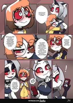 anthro blush bodily_fluids cellphone clothing coat collar crying dialogue electronics female hug phone raincoat red_sclera smartphone speech_bubble tears tears_of_joy text topwear jizoku hellaverse helluva_boss mythology loona_(helluva_boss) sol_(jizoku) canid canid_demon canine demon hellhound mammal mythological_canine mythological_creature 2025 absurd_res comic english_text hi_res url