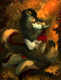 animal_genitalia animal_penis anthro anthro_on_anthro anthro_penetrated anthro_penetrating anthro_penetrating_anthro balls blush breasts butt canine_genitalia canine_penis caressing cheek_tuft detailed_background dipstick_tail duo ears_back eyes_closed facial_tuft female female_penetrated flower from_front_position genitals hair hug kneeling knot male male/female male_penetrating male_penetrating_female markings mastery_position multicolored_tail neck_tuft nude on_top open_mouth outside pawpads penetration penis pivoted_ears plant sex shrub side_boob tail tail_markings tattoo tuft angiewolf canid canine mammal digital_media_(artwork) shaded