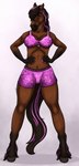 5_fingers anthro bottomwear bra breasts brown_body brown_hair brown_mane brown_tail clothing colored_nails feathering female fingers fur hair hands_on_hips highlights_(coloring) hooves hotpants mane nails navel shorts simple_background solo spread_legs spreading standing tail underwear gayletrotter dreki_(skuggamul) equid equine horse mammal 2023 absurd_res digital_media_(artwork) hi_res