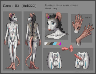 5_fingers 5_toes animal_genitalia animal_penis anthro areola balls barbell_piercing big_balls big_ears biped black_hair blue_eyes border butt claws cybernetics cyberpunk digitigrade ear_piercing erection eyelashes feet fingers flat_chested fur furgonomic_piercing furgonomics genital_piercing genitals grey_body grey_border grey_fur hair incisors intersex machine male medial_ring mouth_closed navel navel_piercing nipple_piercing nipples nude penis piercing pink_areola pink_ears pink_feet pink_hands pink_nipples pink_nose pink_paws pink_penis pink_tail pubes rodent_penis sheath sheath_piercing simple_background soles solo spreading standing tail teeth text toes urethra usb_port whiskers white_body white_claws white_fur white_whiskers himeragoldtail b3_(ashnurazg) cyborg mammal mouse murid murine rodent woolly_mouse 2025 absurd_res hi_res model_sheet nonbinary_(lore)
