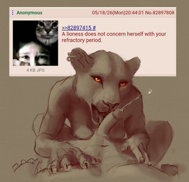 anthro bodily_fluids breasts cum cumshot duo ejaculation erection female first_person_view fur genital_fluids genitals interspecies licking looking_at_viewer male male/female nude open_mouth oral penile penis penis_lick sex simple_background text tongue alytarch felid human lion mammal pantherine english_text hi_res meme