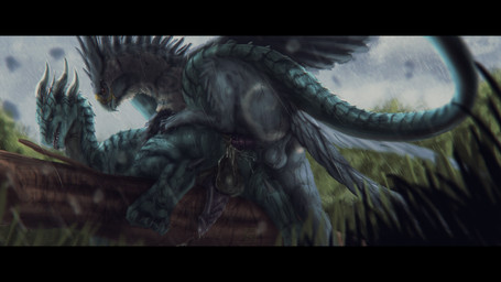 anal anal_penetration animal_genitalia animal_penis backsack balls bodily_fluids climbing_on cum cum_drip cum_in_ass cum_inside cum_on_balls cum_on_perineum cum_while_penetrated detailed_background dripping duo eye_contact feathers feral feral_on_feral feral_penetrated feral_penetrating feral_penetrating_feral forest genital_fluids genitals grass log looking_at_another looking_at_partner looking_back male male/male male_penetrated male_penetrating male_penetrating_male penetration penis perineum plant raining raised_leg raised_tail scales sex step_pose step_position tail tongue tongue_out tree wings wood falcrus mythology kelda avian dragon gryphon mythological_avian mythological_creature mythological_scalie scalie 16:9 hi_res widescreen