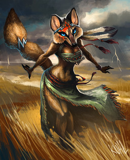 accessory anthro blue_eyes breasts brown_body brown_fur cloud day electricity female fur furgonomics grass lightning looking_at_viewer loose_feather outside plant solo standing tail tail_accessory bleats hex:_shards_of_fate canid canine canis coyote mammal 2013 digital_media_(artwork) official_art