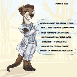 anthro clothing eyewear female glasses science_fiction scientist smile solo standing text toony rasmary madina_(german_rug) mammal mustelid otter 1:1 2026 digital_media_(artwork) english_text hi_res
