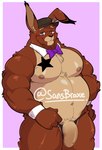 anthro areola barazoku belly biceps big_belly bow_tie brown_body brown_fur clothing cuffs_(clothing) eyebrows fur genitals hat headgear headwear humanoid_genitalia humanoid_penis male mostly_nude muscular muscular_anthro muscular_male muscular_thighs navel nipples overweight overweight_anthro overweight_male pecs penis pubes purple_eyes quads smile solo star_tattoo tan_body tan_fur tattoo thick_thighs thong thong_down underwear vein veiny_penis seintaur burnie_(character) lagomorph leporid mammal rabbit hi_res