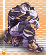 anthro basketball_jersey basketball_shorts black_clothing black_footwear black_hair black_shirt black_socks black_stripes black_tank_top black_topwear blonde_hair bottomwear cellphone clothing dotted_background electronics fangs footwear fur grey_body grey_fur hair kneeling male markings muscular muscular_anthro muscular_arms muscular_male pattern_background pawpads phone sabertooth_(anatomy) shirt shoes shorts simple_background smartphone sneakers socks solo stripes tank_top teeth text text_on_clothing text_on_footwear text_on_shoes topwear white_body white_bottomwear white_clothing white_fur white_shorts yellow_markings yellow_stripes estper tusk_(estper) felid mammal pantherine tiger 2021 animated short_playtime signature sound webm