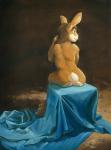 2016 anthro back_muscles biped brown_body brown_eyes brown_fur butt claws digitigrade female fur hair half-length_portrait lagomorph leporid long_hair mammal nude oil_painting_(artwork) painting_(artwork) pawpads paws personal_grooming pinup portrait pose rabbit rear_view scale_(artist) sitting solo styling_hair tasteful_nudity traditional_media_(artwork) whiskers