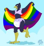 ageplay anthro clean_diaper clothed clothing diaper flag flag_(object) happy holding_flag holding_object infantilism lgbt_pride looking_at_viewer male on_one_leg pantsless pattern_diaper pride_color_bodypaint pride_color_flag pride_colors rainbow_flag rainbow_pride_colors rainbow_pride_flag rainbow_symbol roleplay six-stripe_rainbow_pride_colors solo standing wearing_diaper bubblepuppers gambit_(the_corvid) avian bird corvid oscine passerine hi_res watermark