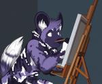 artist blue_eyes brush canvas cheek_tuft creating_art dipstick_tail easel facial_tuft fingerless_(marking) fluffy fluffy_tail fur fur_markings grey_background head_tuft holding_brush holding_object holding_paintbrush inner_ear_fluff markings neck_tuft paintbrush painting purple_body purple_fur purple_inner_ear purple_markings purple_nose round_ears simple_background snout tail tail_markings tuft white_inner_ear_fluff white_markings jixter pelron african_wild_dog canid canine mammal digital_drawing_(artwork) digital_media_(artwork) half-length_portrait portrait shaded soft_shading