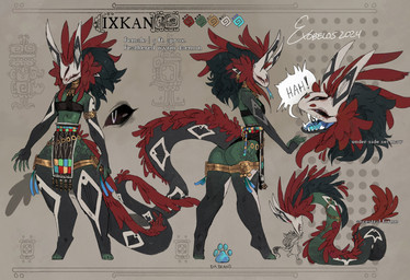3_eyes accessory anthro black_sclera bodily_fluids curvy_figure facial_markings feathers female feral green_body green_skin hair hair_accessory head_markings horn horn_markings jewelry markings mask multi_eye pointy_ears red_hair solo spikes spikes_(anatomy) tail tail_feathers tears voluptuous exobelos ixkan_(exobelos) demon scalie absurd_res hi_res model_sheet
