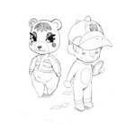2020 animal_crossing anthro bear belly blush blush_stickers bodily_fluids bottomless cellphone clothed clothing conto duo electronics eyeshadow eyewear featureless_crotch female footwear fur grass hair half-closed_eyes hat headgear headwear human leaf looking_aside looking_at_another makeup mammal monochrome narrowed_eyes navel nintendo no_underwear overweight overweight_anthro overweight_female partially_clothed peeping phone plant shoes short_stack simple_background sketch slightly_chubby smartphone standing sweat tammy_(animal_crossing) topwear walking wide_hips