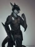 anthro black_hair blue_eyes clothed clothing countershading ear_piercing gun hair holding_gun holding_object holding_ranged_weapon holding_weapon male officer piercing police ranged_weapon shotgun solo tail uniform weapon beefnoodles lanoodles mythology riptide_(riptideshark) dragon fish hybrid marine mythological_creature mythological_scalie scalie shark 2014 absurd_res hi_res