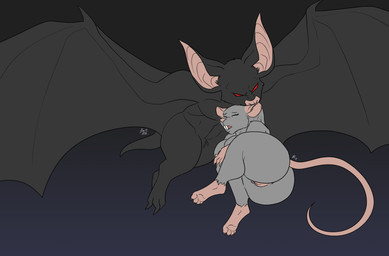 anthro anus big_breasts big_butt big_ears bite black_background black_body black_skin breasts butt duo eyes_closed female fur genitals gradient_background long_tail male male/female nude open_mouth red_eyes simple_background tail teeth vulva year pyc-art bat mammal murid murine rat rodent 2018 absurd_res colored dated digital_media_(artwork) flat_colors hi_res signature