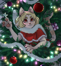 4_fingers anthro blonde_hair brown_eyes christmas_tree ear_piercing female fingers fur gift hair holidays looking_up pawpads piercing plant smile solo string_lights tan_body tan_fur tree cecaangyal christmas domestic_cat felid feline felis mammal 2018 absurd_res hi_res