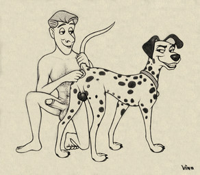 anal anal_fingering anatomically_correct anatomically_correct_feral anatomically_correct_genitalia balls bestiality body_hair chest_hair duo erection feral fingering genitals hairy human_on_feral humanoid_genitalia humanoid_penis interspecies male male/male penis raised_tail tail tail_anus tail_grab vinadog 101_dalmatians disney pongo roger_radcliffe canid canine canis dalmatian domestic_dog human mammal hi_res traditional_media_(artwork)