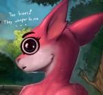 2018 ambiguous_gender anthro big_eyes detailed_background dialogue digital_media_(artwork) ellipsis english_text googly_eyes humor kobold lol_comments looking_at_viewer looking_back looking_back_at_viewer nude outside photonoko reptile scalie sienna_(character) solo soul_devouring_eyes text